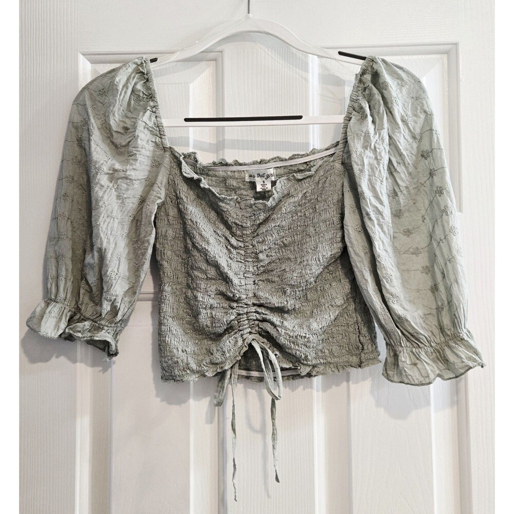 Whos That Girl Milkmaid Crop Top S Sage Green Smocked Puff Sleeve Cottagecore